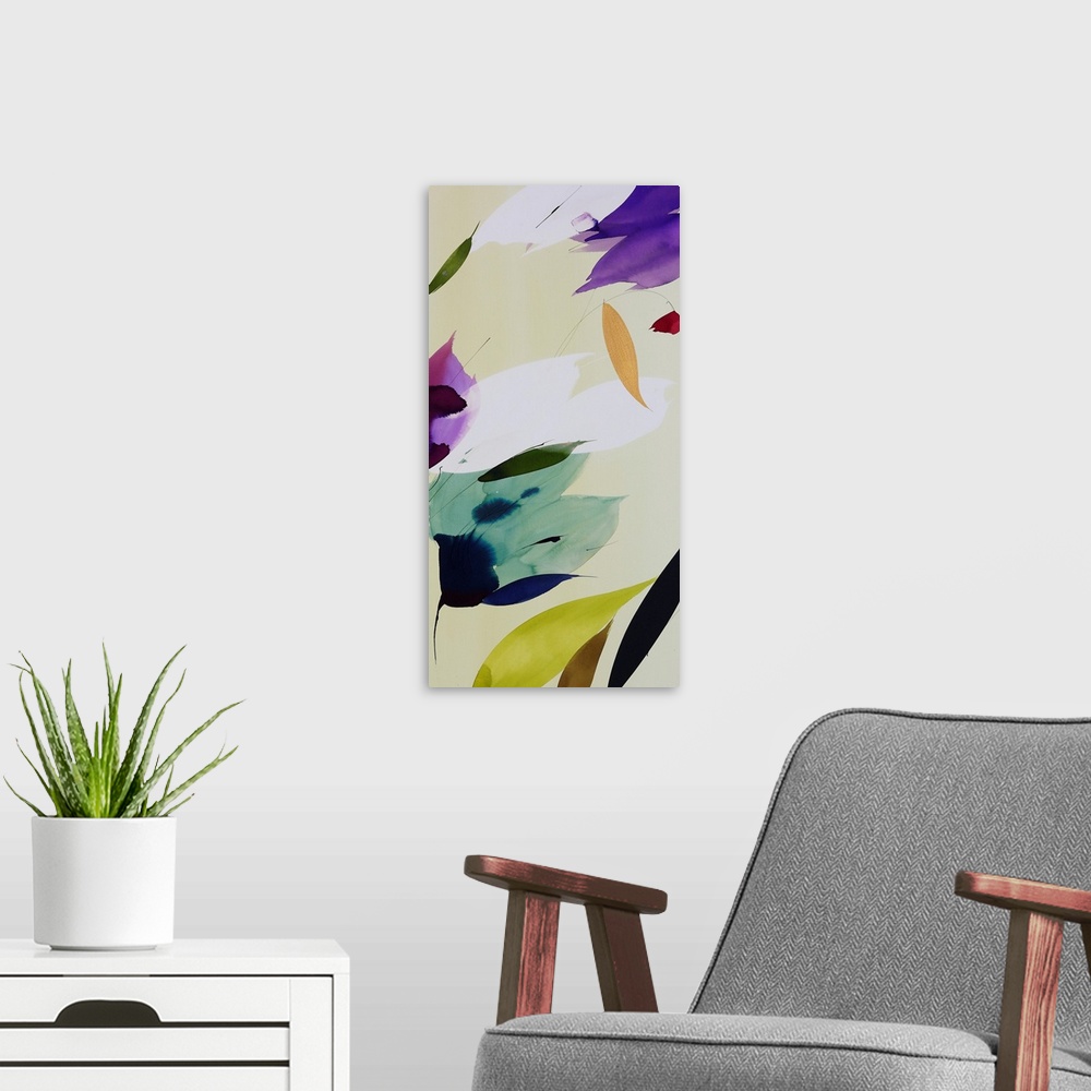 A modern room featuring A long vertical painting in a modern design of flowers in purple and green tones.