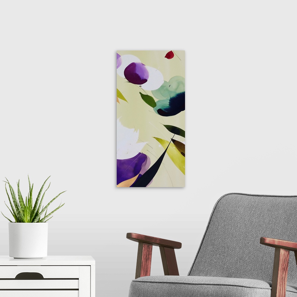 A modern room featuring A long vertical painting in a modern design of flowers in purple and green tones.