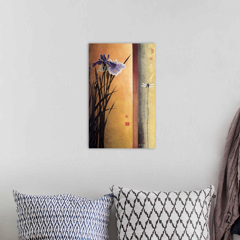 A bohemian room featuring A contemporary painting of purple irises and a border on the right with a dragonfly.