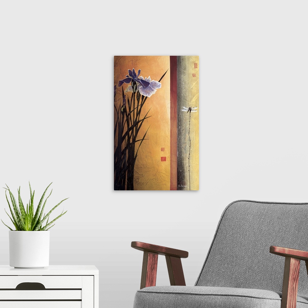 A modern room featuring A contemporary painting of purple irises and a border on the right with a dragonfly.