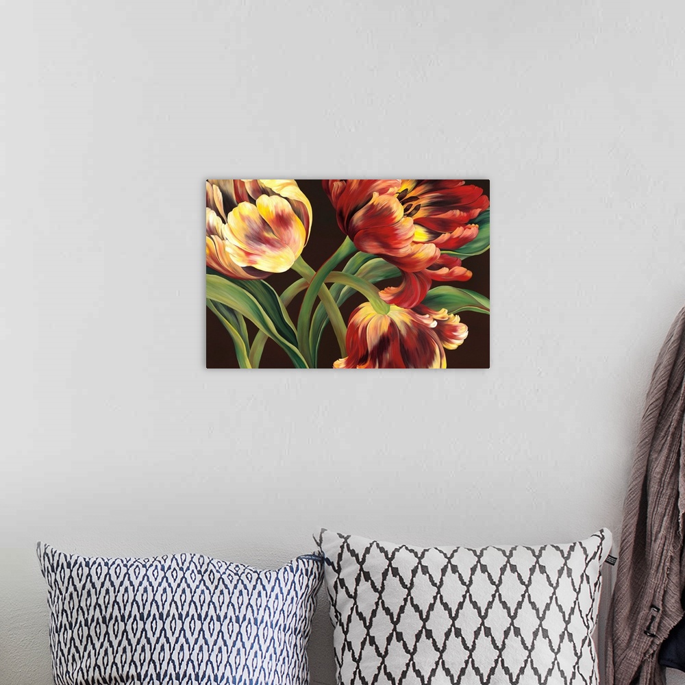 A bohemian room featuring Contemporary painting of a group of red and yellow tulips against a neutral backdrop.