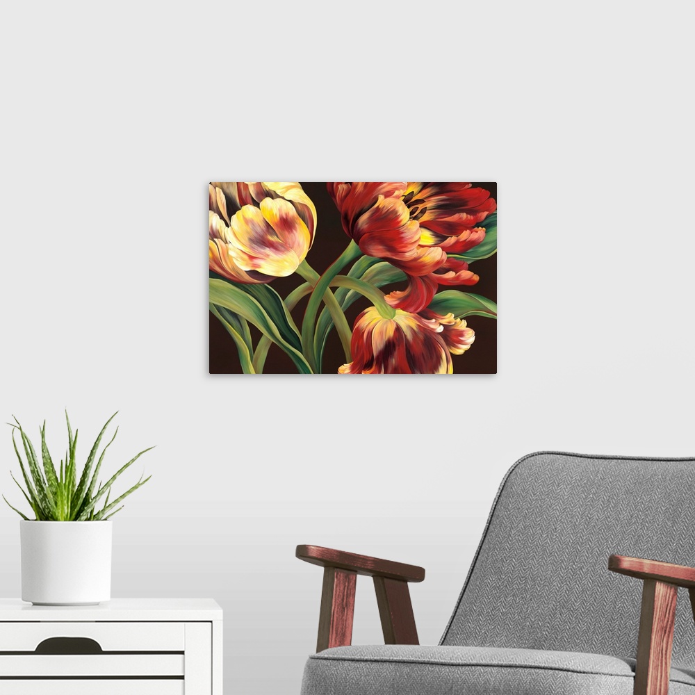 A modern room featuring Contemporary painting of a group of red and yellow tulips against a neutral backdrop.