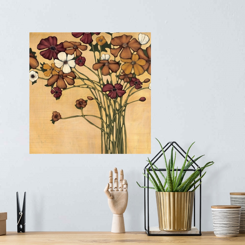 A bohemian room featuring Square painting of a group of flowers in muted earth tones of brown, red, gold and white.