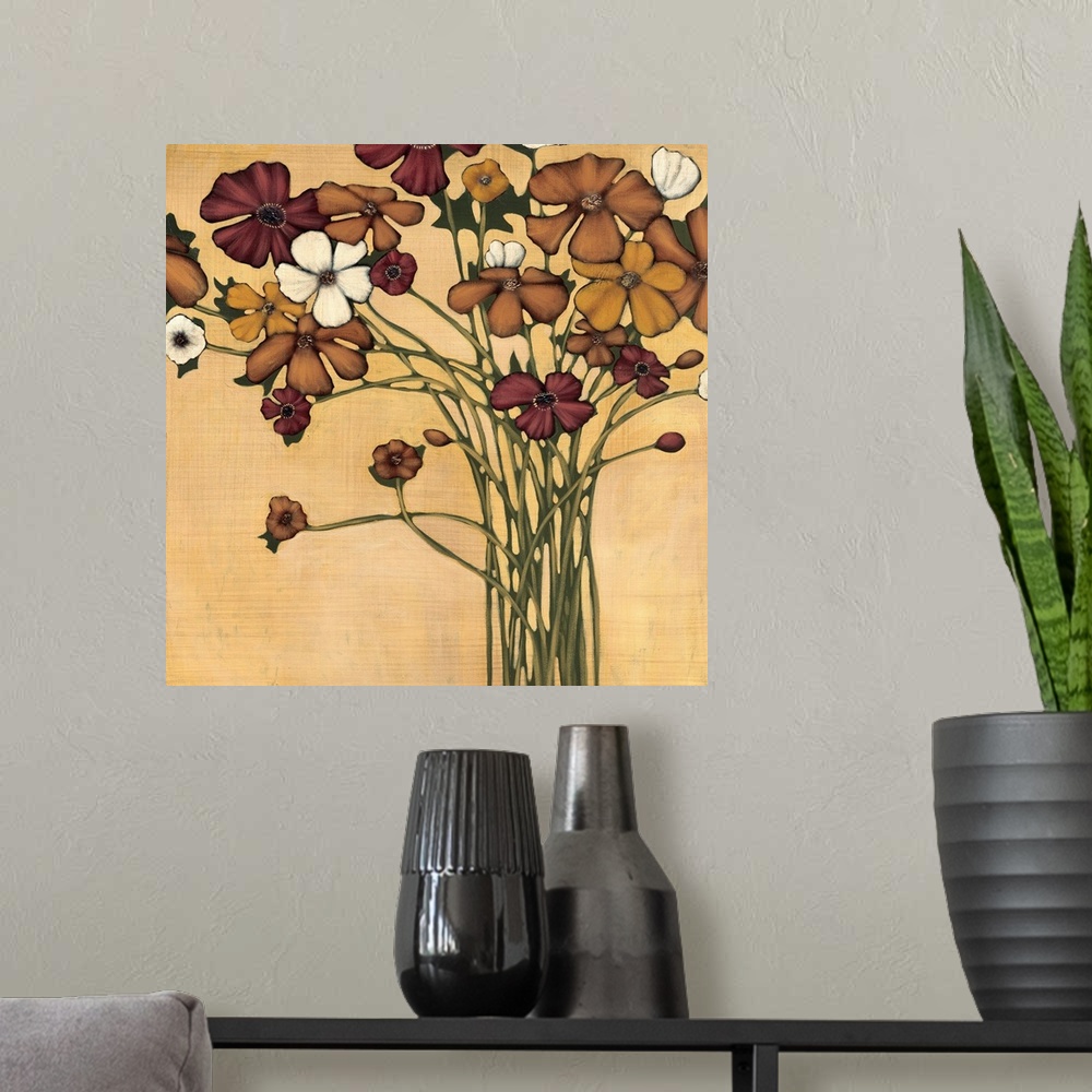 A modern room featuring Square painting of a group of flowers in muted earth tones of brown, red, gold and white.