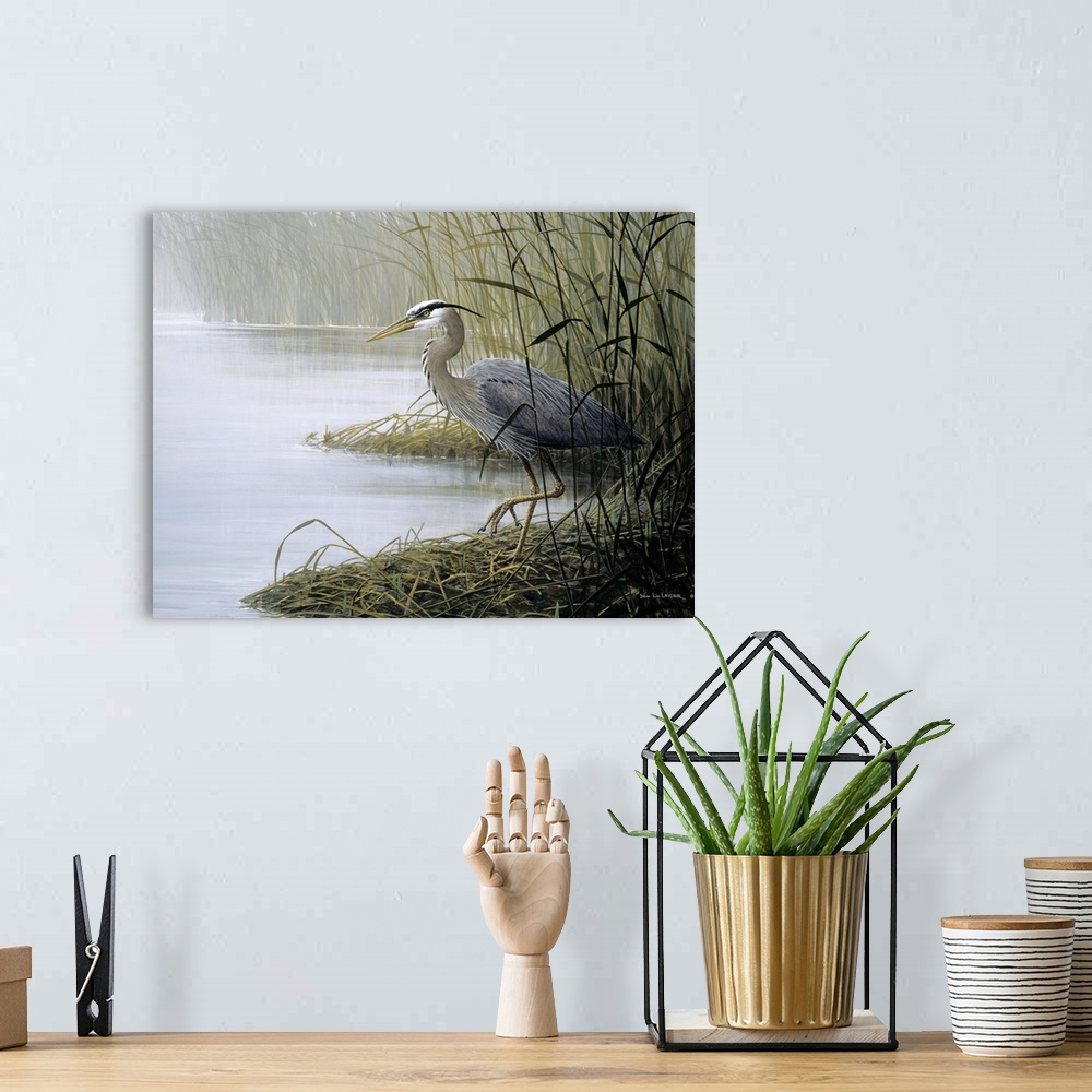 A bohemian room featuring Painting of a large gray bird walking along the marsh in tall grass.
