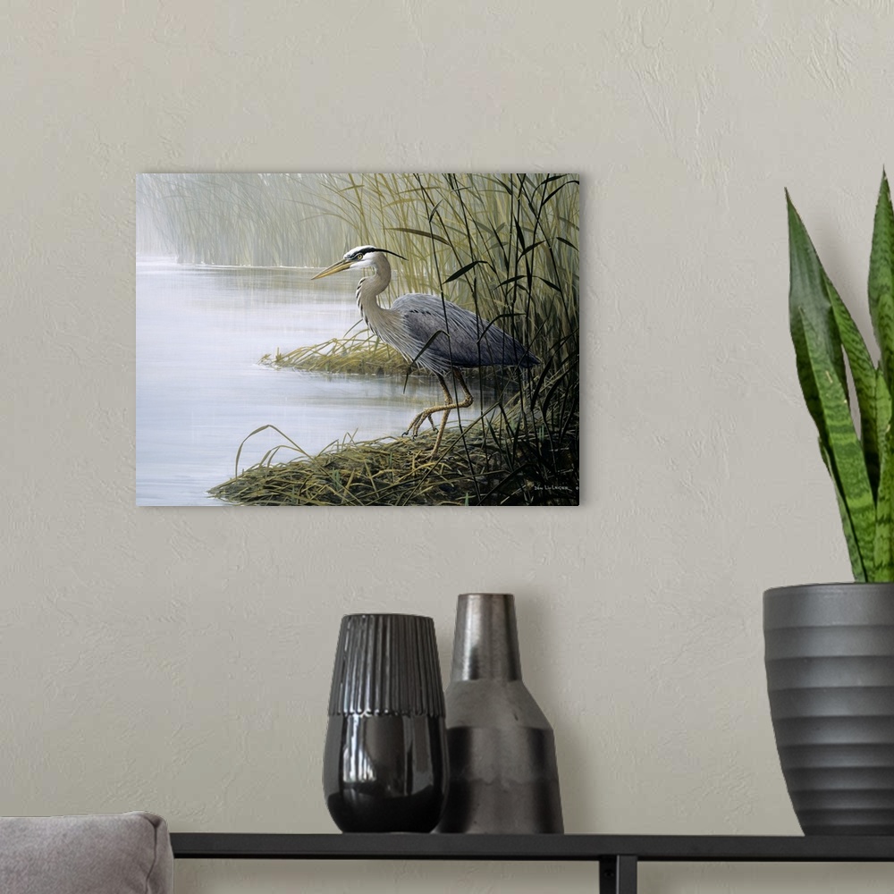 A modern room featuring Painting of a large gray bird walking along the marsh in tall grass.