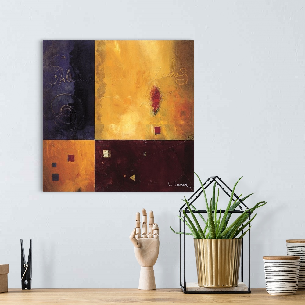A bohemian room featuring Abstract painting of squared shapes overlapped with swirled shapes and words, all done in earth t...
