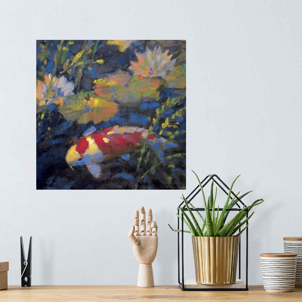 A bohemian room featuring Contemporary painting of a koi fish swimming under waterlilies.