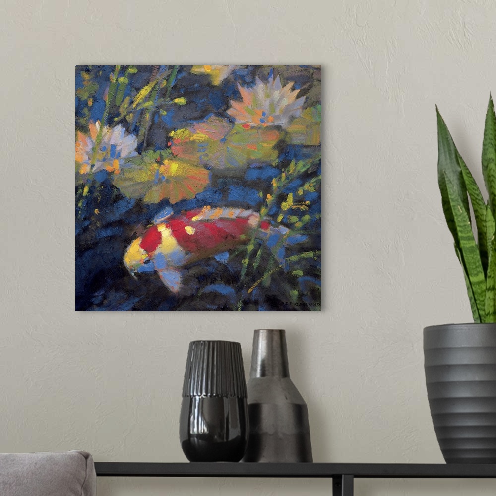 A modern room featuring Contemporary painting of a koi fish swimming under waterlilies.