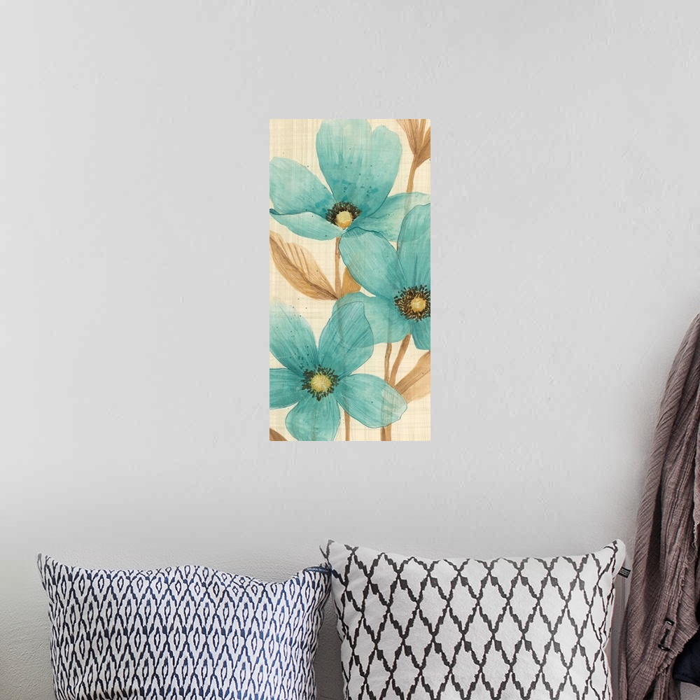 A bohemian room featuring Vertical watercolor painting of a group of blue flowers against a neutral backdrop and light gray...