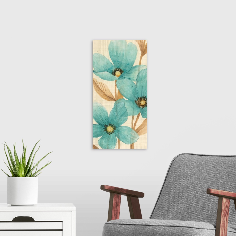A modern room featuring Vertical watercolor painting of a group of blue flowers against a neutral backdrop and light gray...