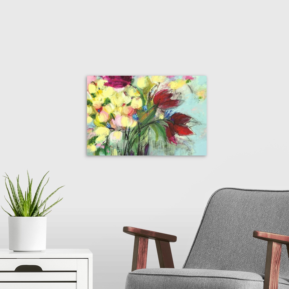 A modern room featuring A delicate, soft painting of colorful flowers in a glass vase.