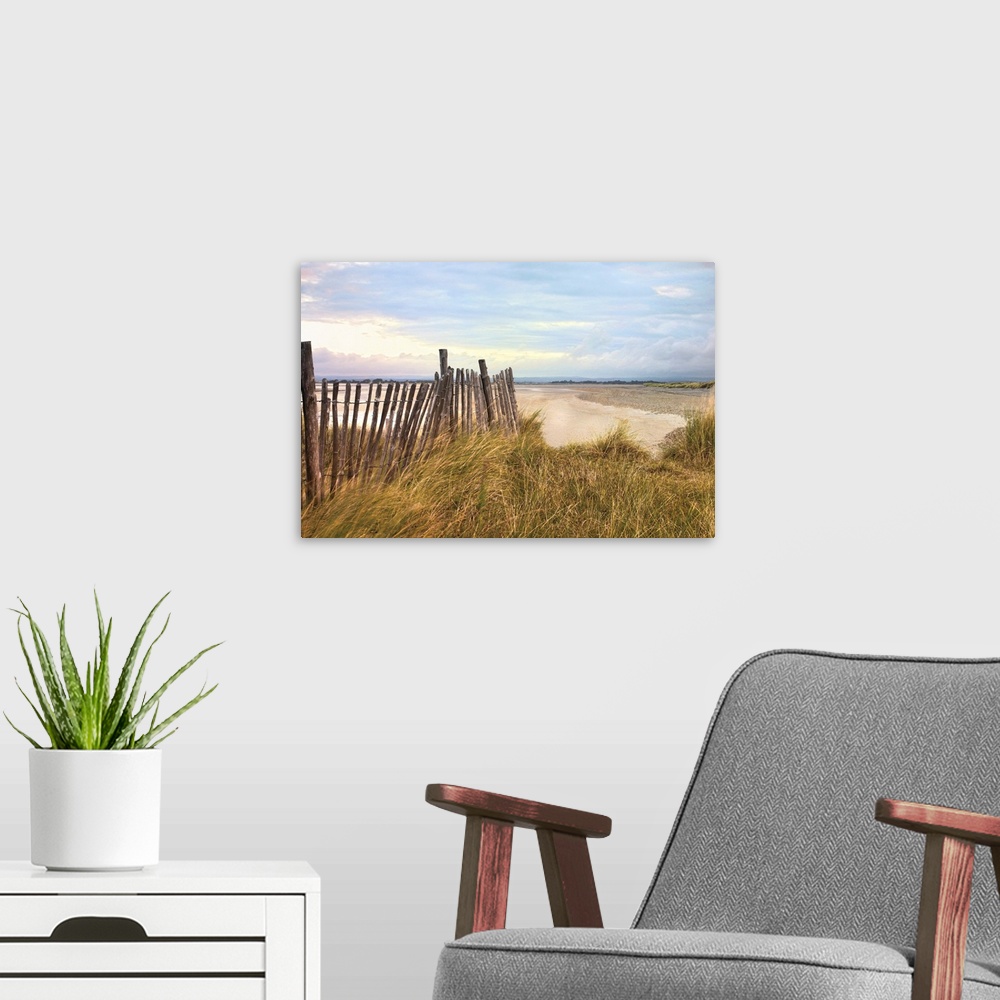 A modern room featuring Photograph of beach with grass covered dunes, on a cloudy day.