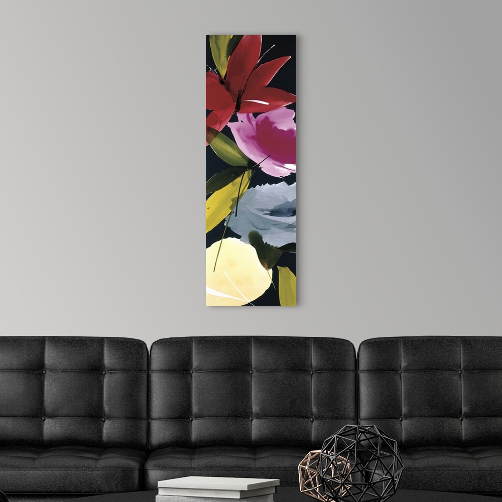 A modern room featuring A long vertical painting in a modern design of flowers and leaves on a black backdrop.