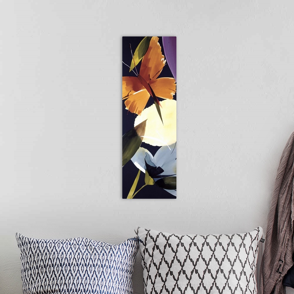 A bohemian room featuring A long vertical painting in a modern design of flowers and leaves on a black backdrop.