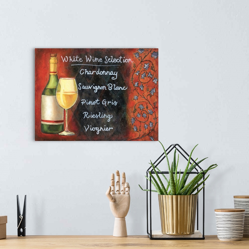 A bohemian room featuring A list of white wine options next to a wine glass and bottle with a red background.