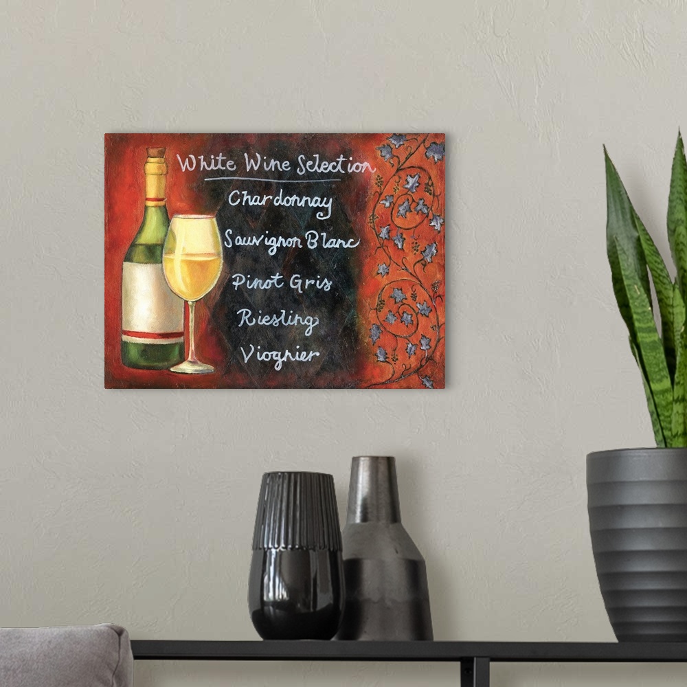 A modern room featuring A list of white wine options next to a wine glass and bottle with a red background.
