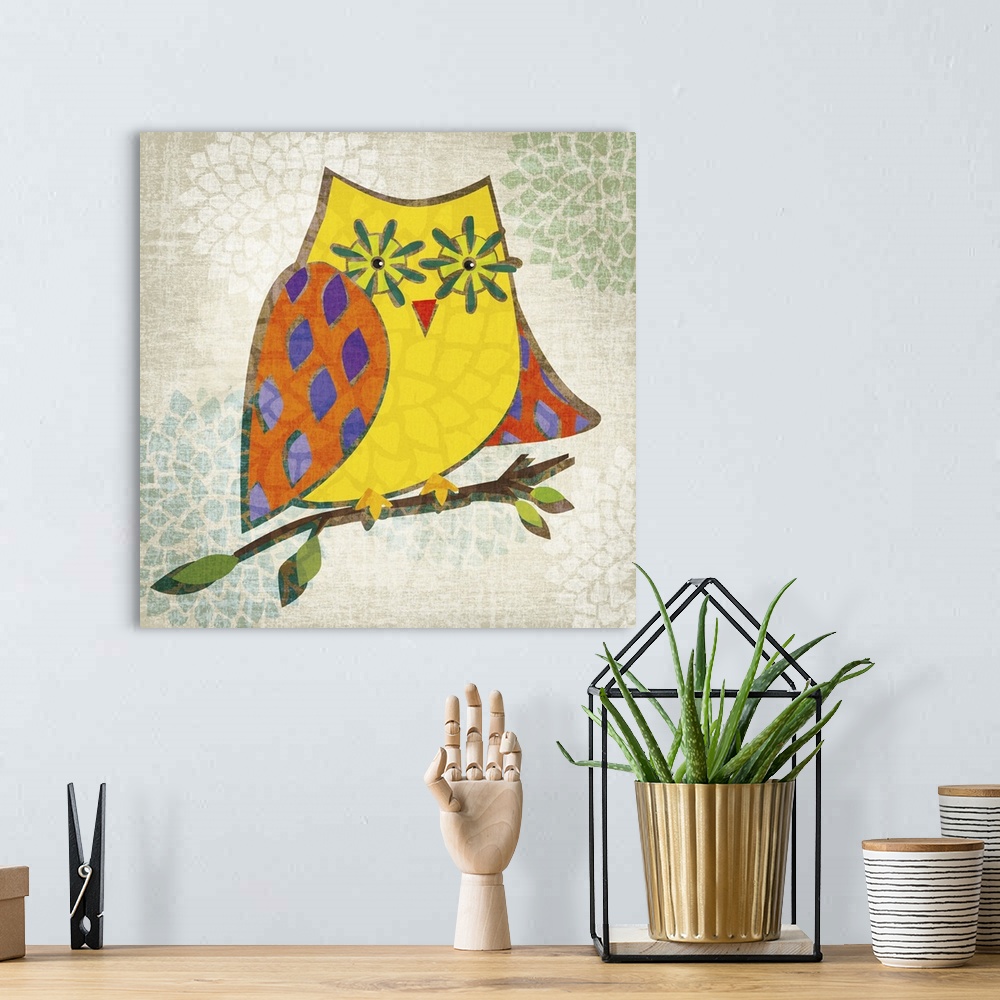 A bohemian room featuring Artwork of a colorful owl on a tree branch.