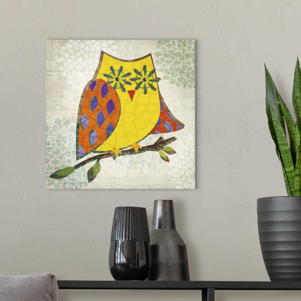 A modern room featuring Artwork of a colorful owl on a tree branch.