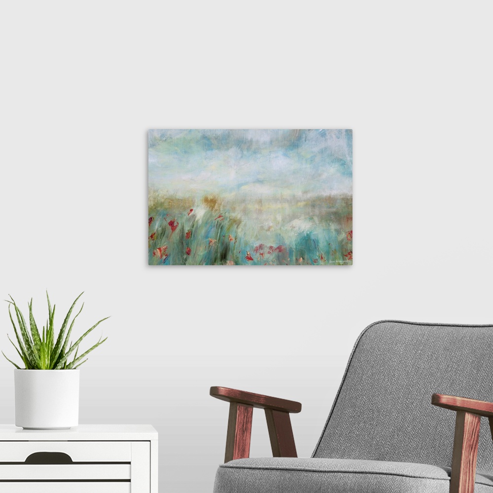 A modern room featuring Painting of a field of flowers done in soft brush strokes.