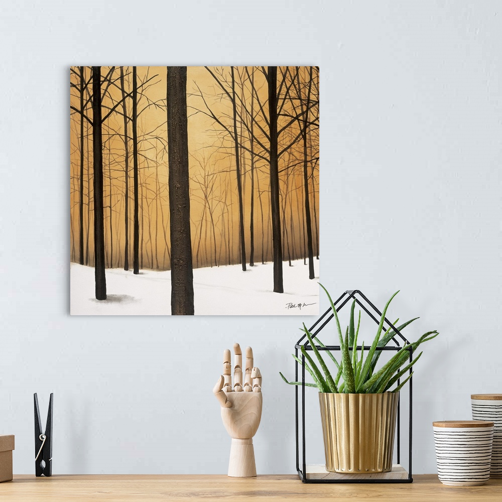 A bohemian room featuring Square contemporary painting of bare trees and snow in a forest with a warm background.