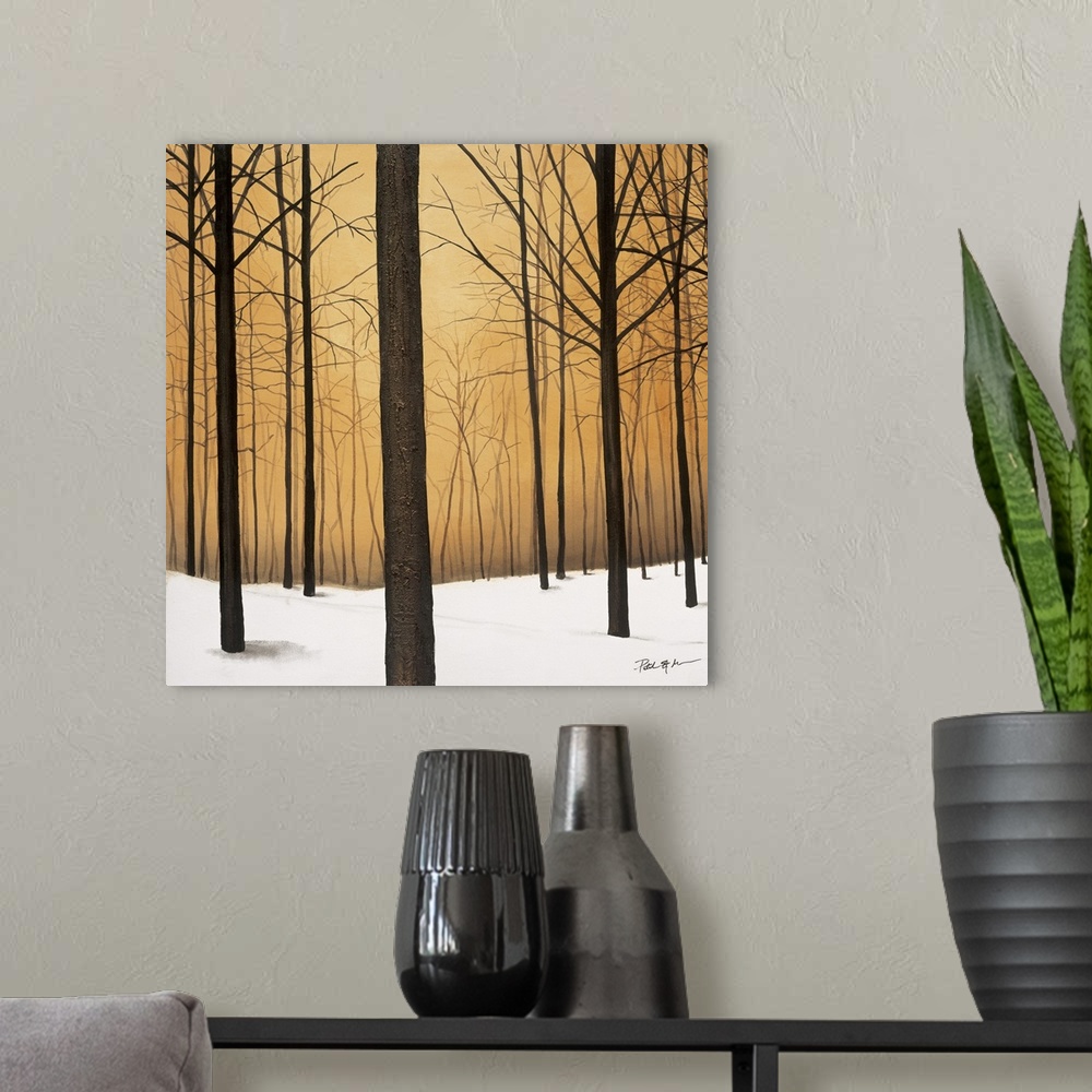 A modern room featuring Square contemporary painting of bare trees and snow in a forest with a warm background.