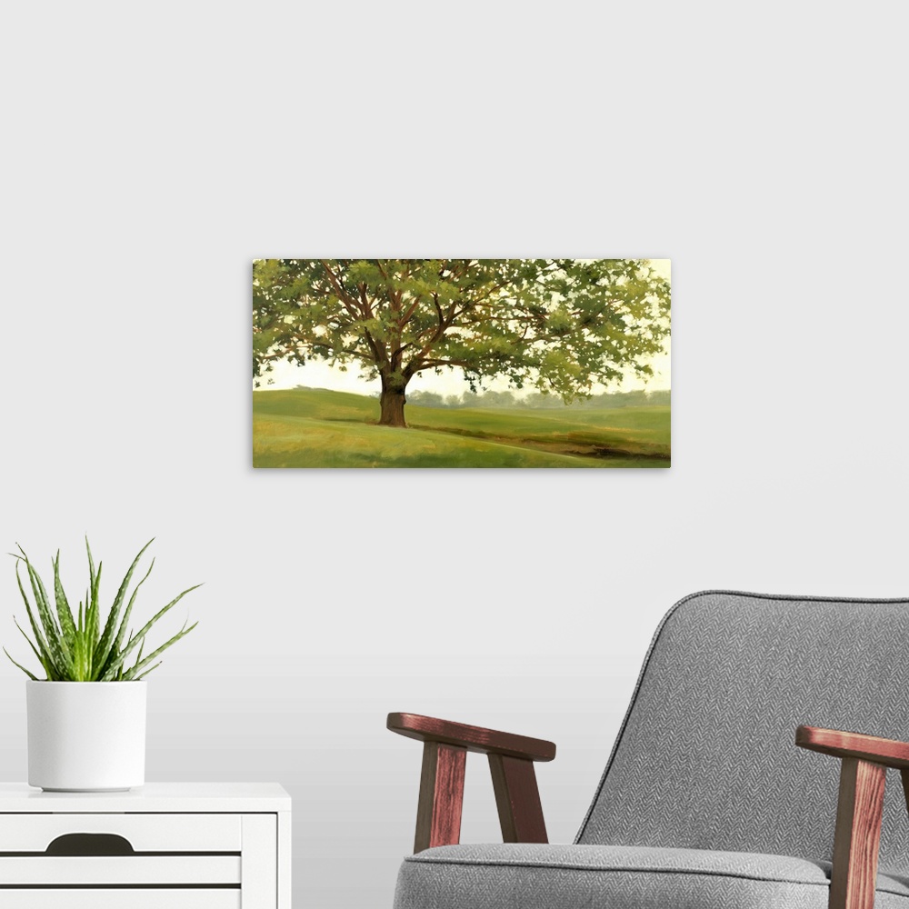 A modern room featuring Panoramic landscape of a large tree in a field of green grass with a line of a distance woods in ...