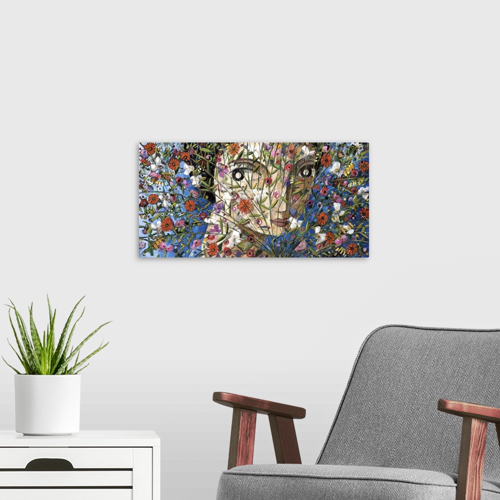 A modern room featuring A horizontal portrait of a woman behind a large bouquet of wild flowers on a blue background, pai...