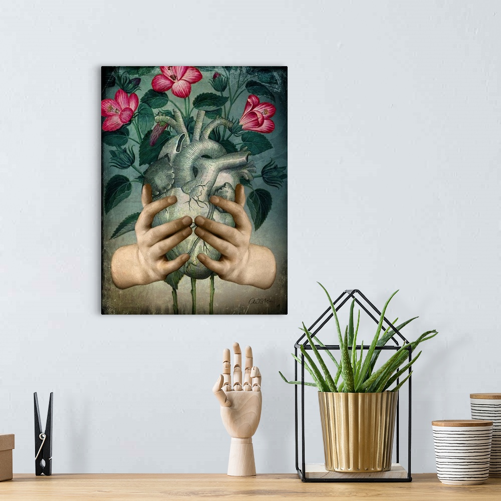 A bohemian room featuring A pair of hands are holding a human heart with flowers behind it.