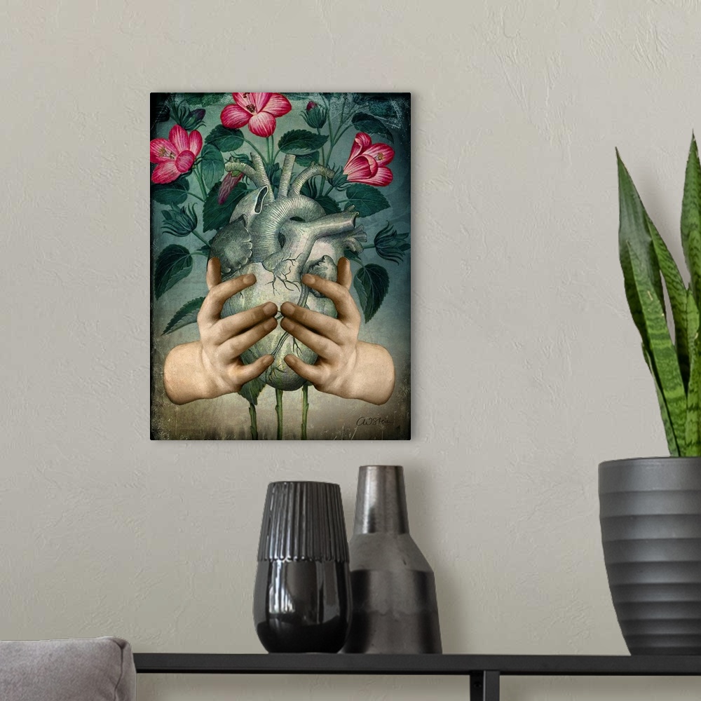 A modern room featuring A pair of hands are holding a human heart with flowers behind it.