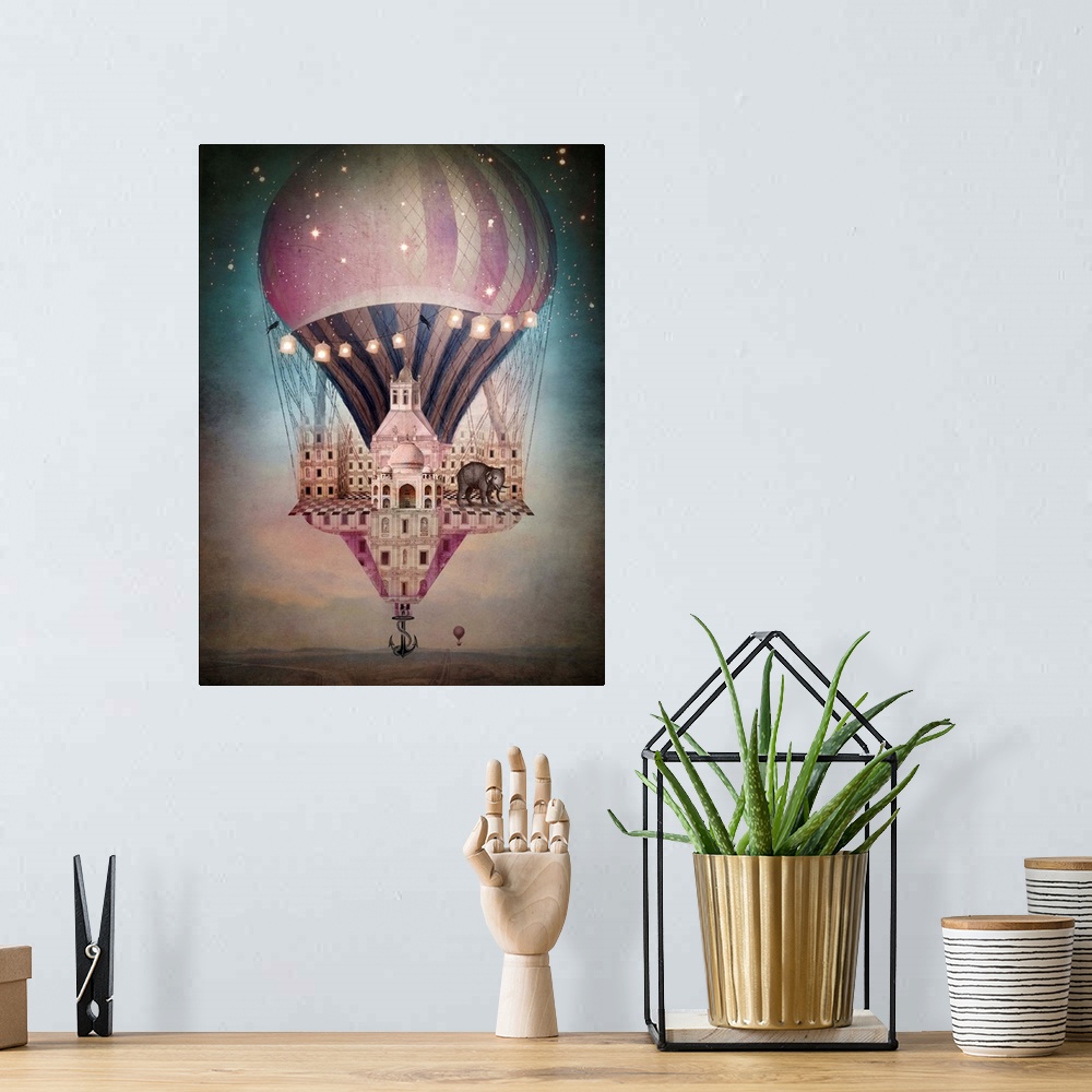 A bohemian room featuring A digital composite of a hot air balloon with a building and elephant on it.