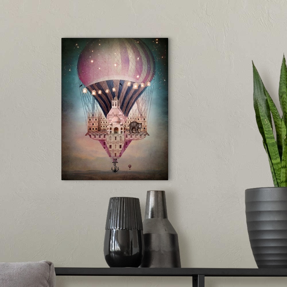 A modern room featuring A digital composite of a hot air balloon with a building and elephant on it.