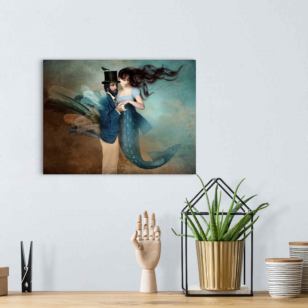 A bohemian room featuring A digital composite of a man with feathers embracing a mermaid in blue.
