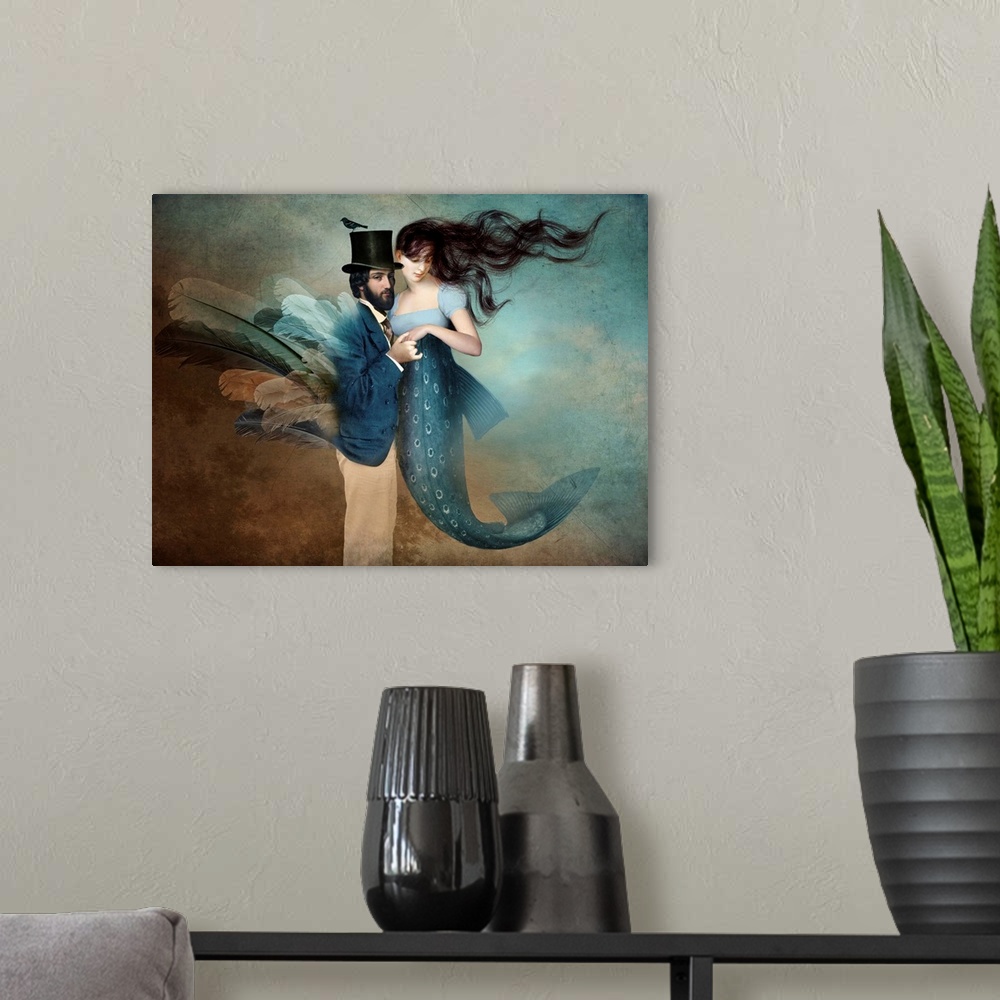 A modern room featuring A digital composite of a man with feathers embracing a mermaid in blue.
