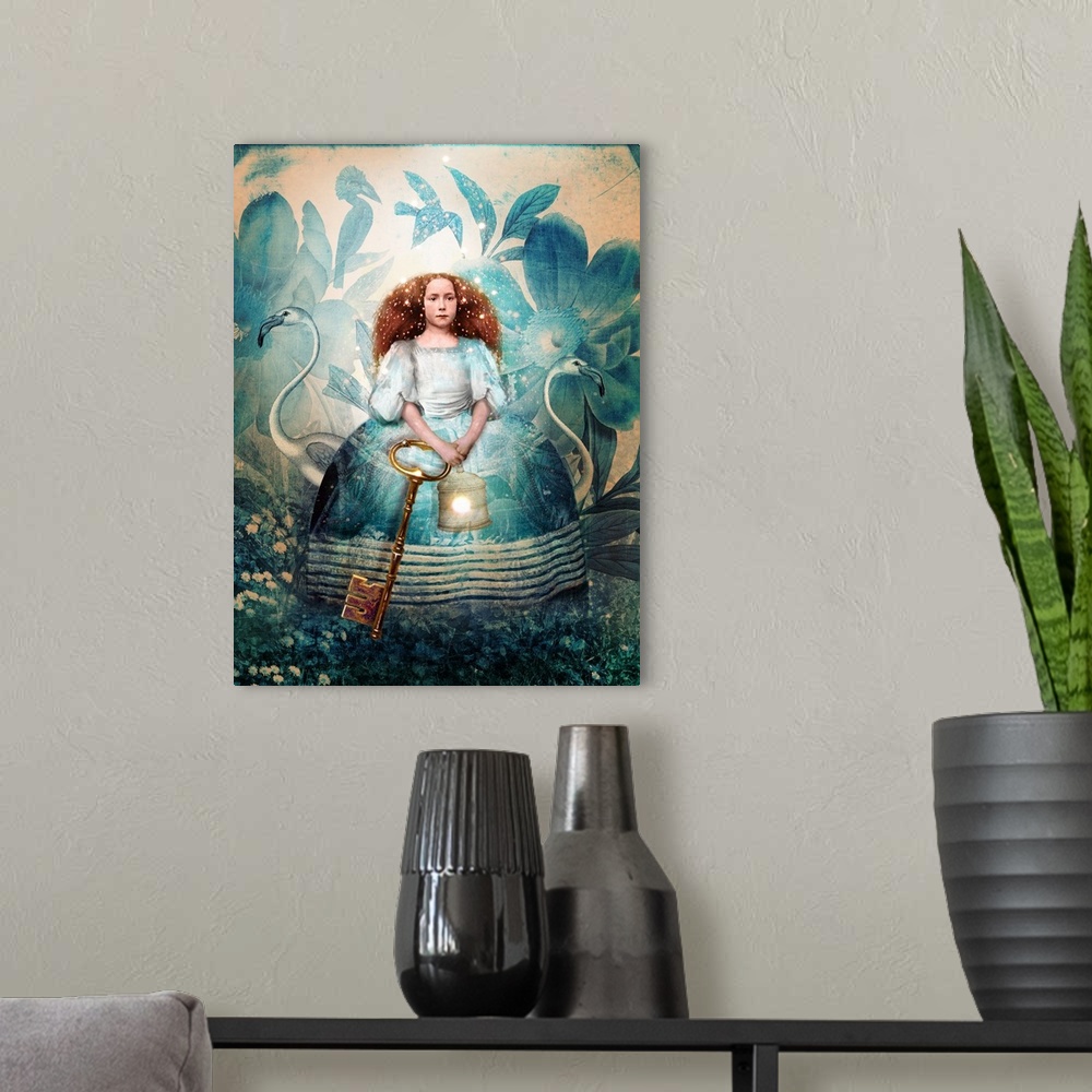A modern room featuring A lady in blue with stars in her hair has a large key and lantern in front of her.  Two flamingos...