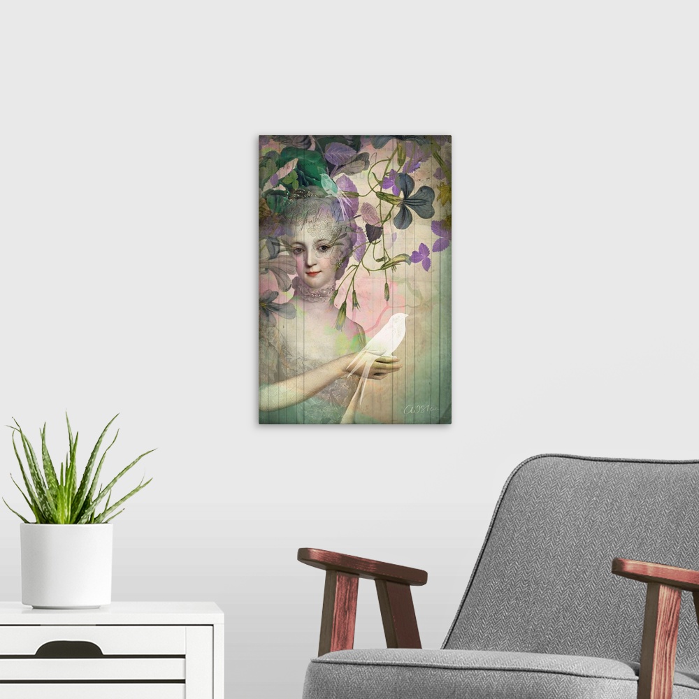A modern room featuring A Victorian woman, peeping through blooming garden vines, is holding a white bird in her hand.