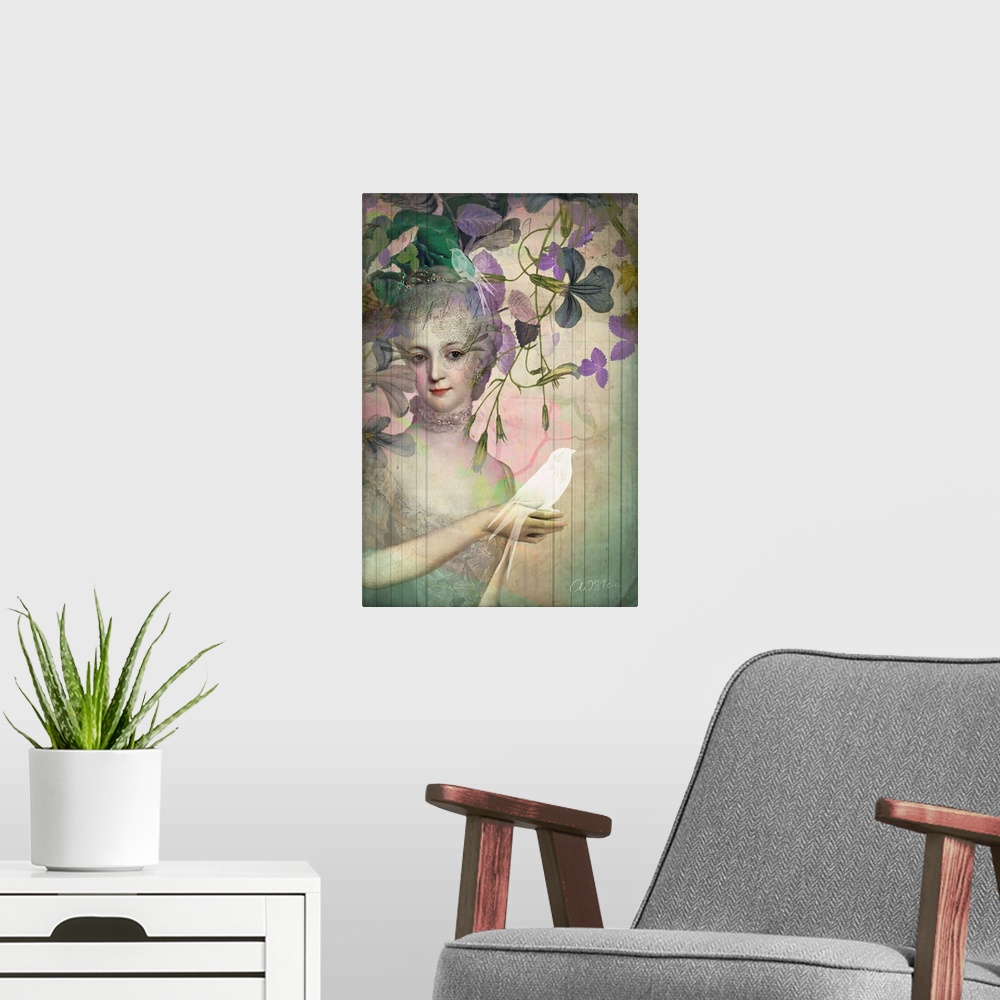 A modern room featuring A Victorian woman, peeping through blooming garden vines, is holding a white bird in her hand.