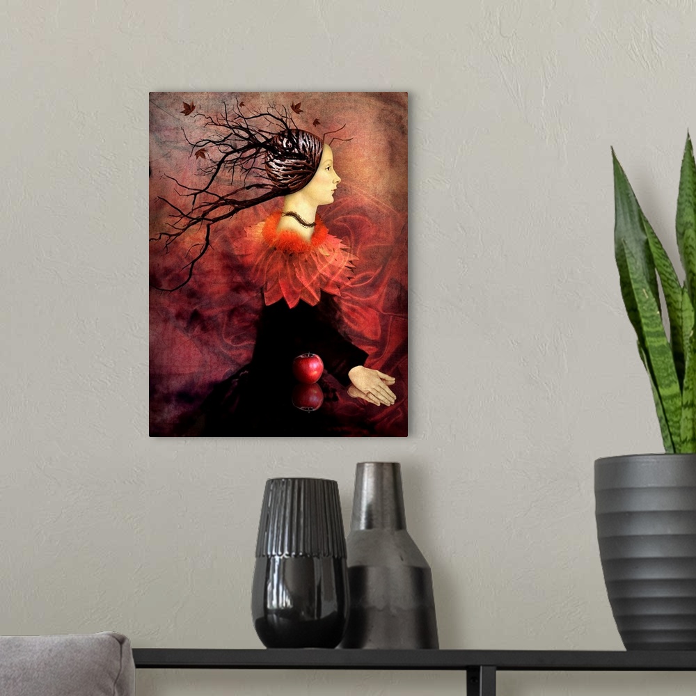 A modern room featuring A digital mix media painting of a portrait of a female with tree branches extending from her head.