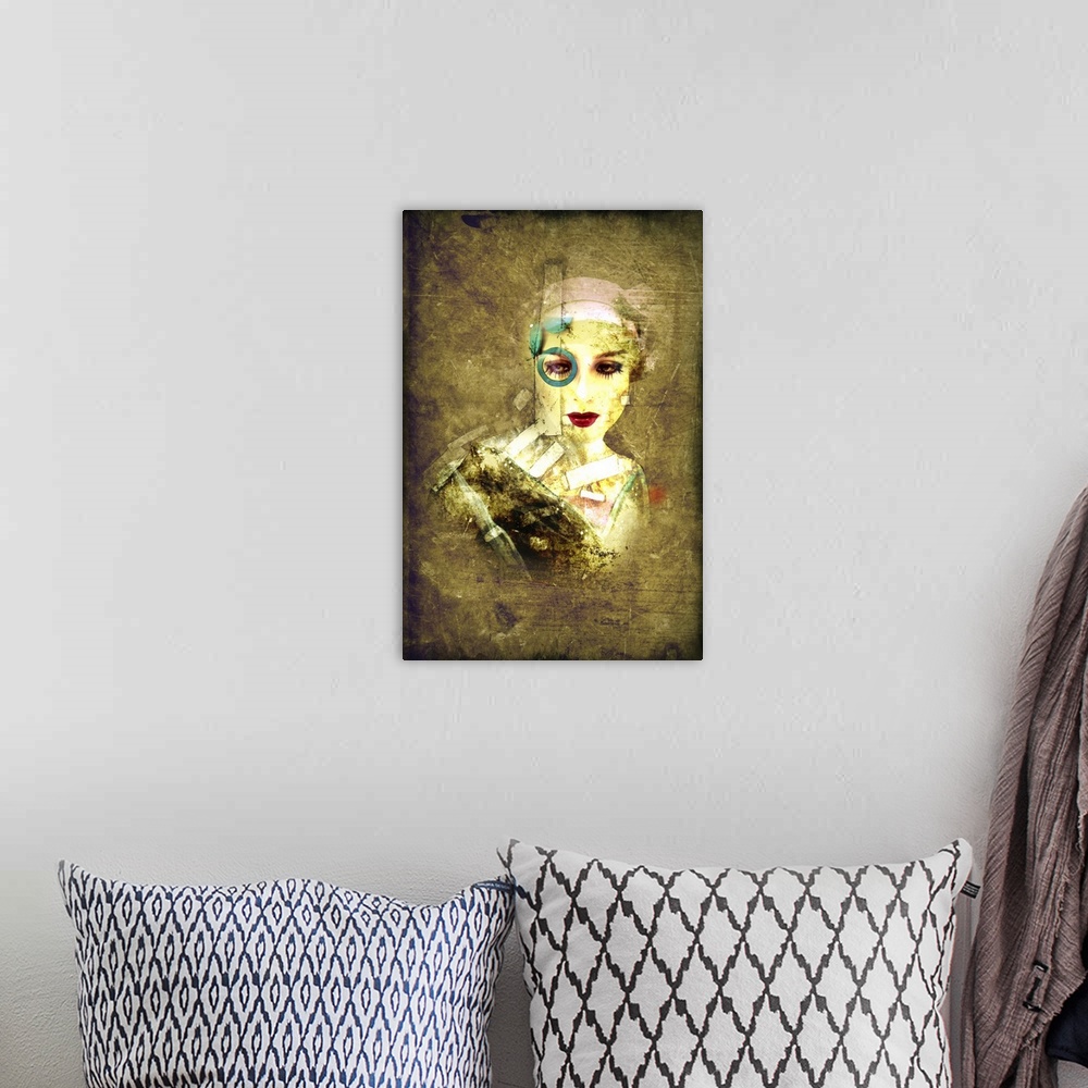 A bohemian room featuring A digital composite image of a lady with a blue circle around one eye and white bandages on face ...