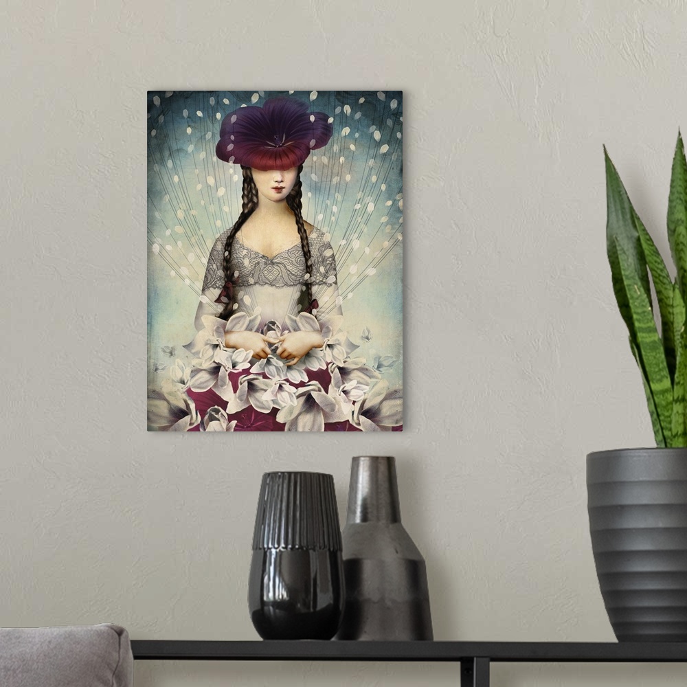 A modern room featuring A woman in braids has a large flower on her head and a skirt of white and mauve flowers.