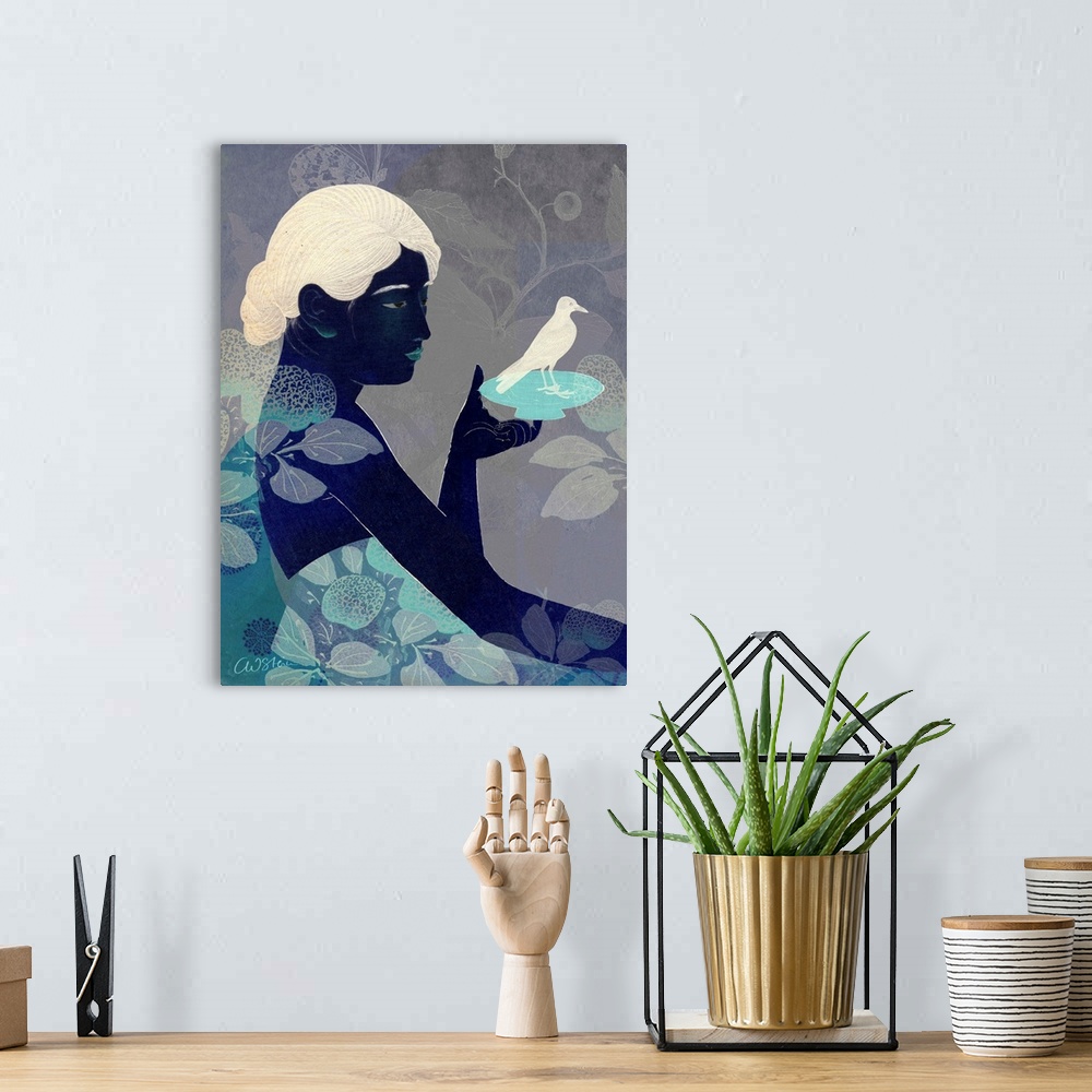 A bohemian room featuring Modern artwork of a woman holding a plate with a bird on it.  The image is made up of different s...