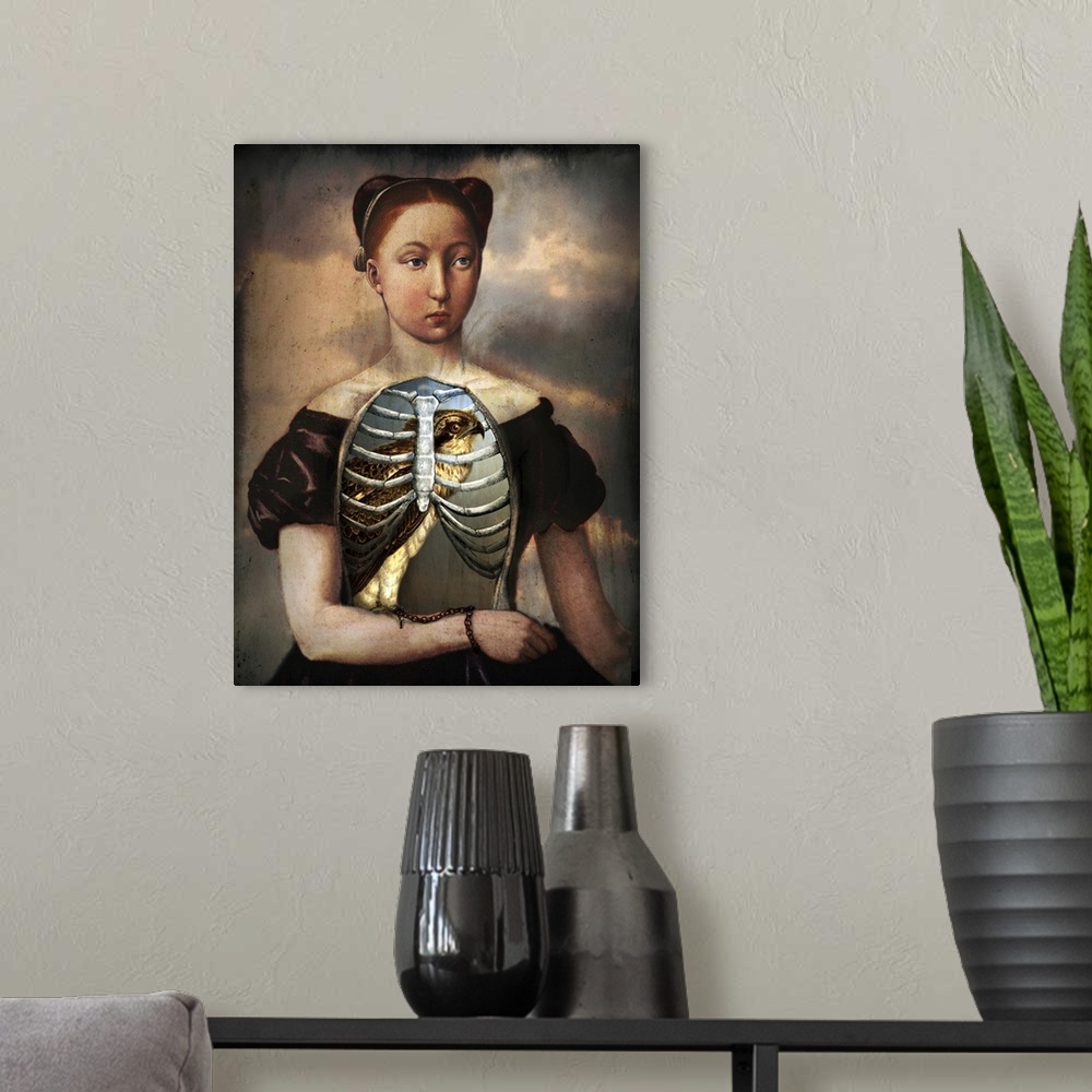 A modern room featuring A portrait of a young Victorian lady with the inside of her chest exposed, showing a hawk inside.