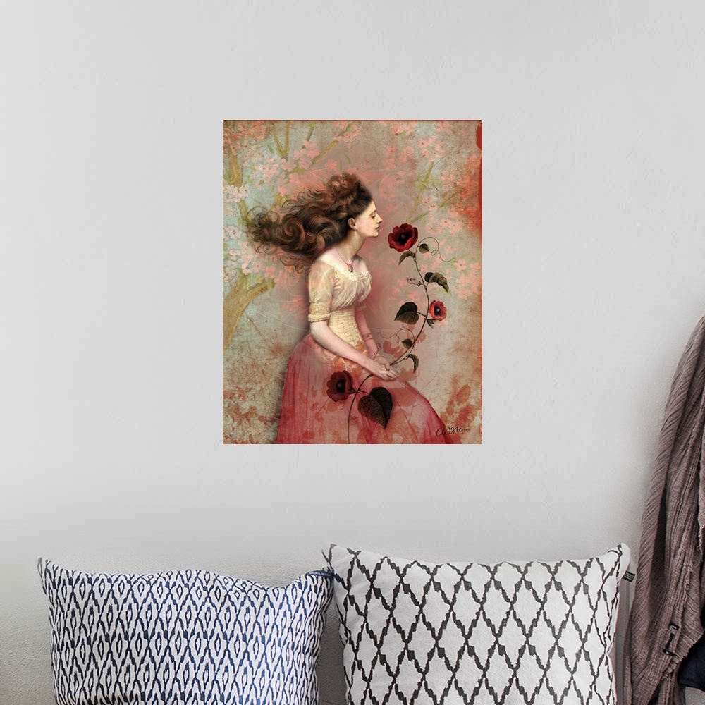 A bohemian room featuring A contemporary portrait of a woman holding red flowers.