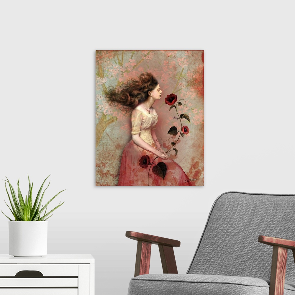 A modern room featuring A contemporary portrait of a woman holding red flowers.