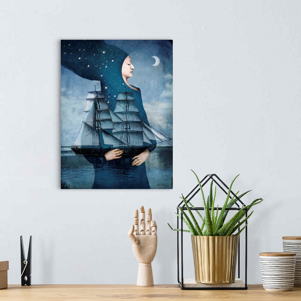 A bohemian room featuring A woman cloaked in blue with stars is holding a large ship in the moonlight.