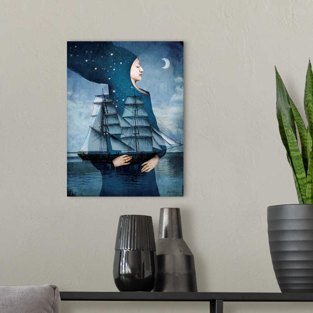 A modern room featuring A woman cloaked in blue with stars is holding a large ship in the moonlight.