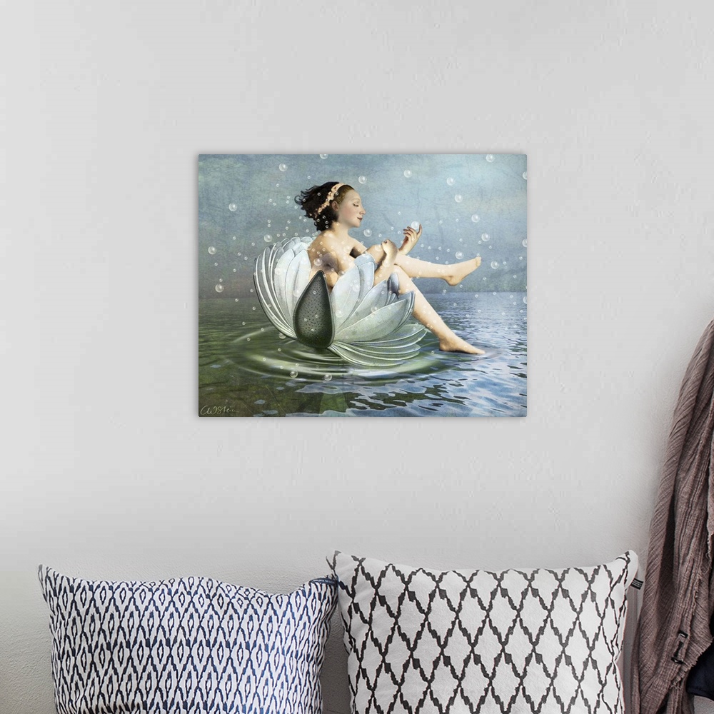 A bohemian room featuring A digital composite of a female bathing on a large flower with bubbles floating in the air.