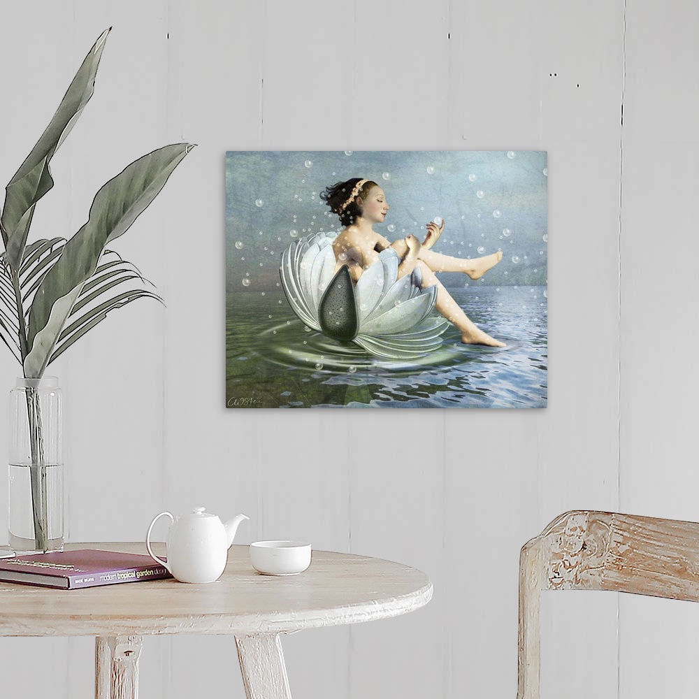A farmhouse room featuring A digital composite of a female bathing on a large flower with bubbles floating in the air.