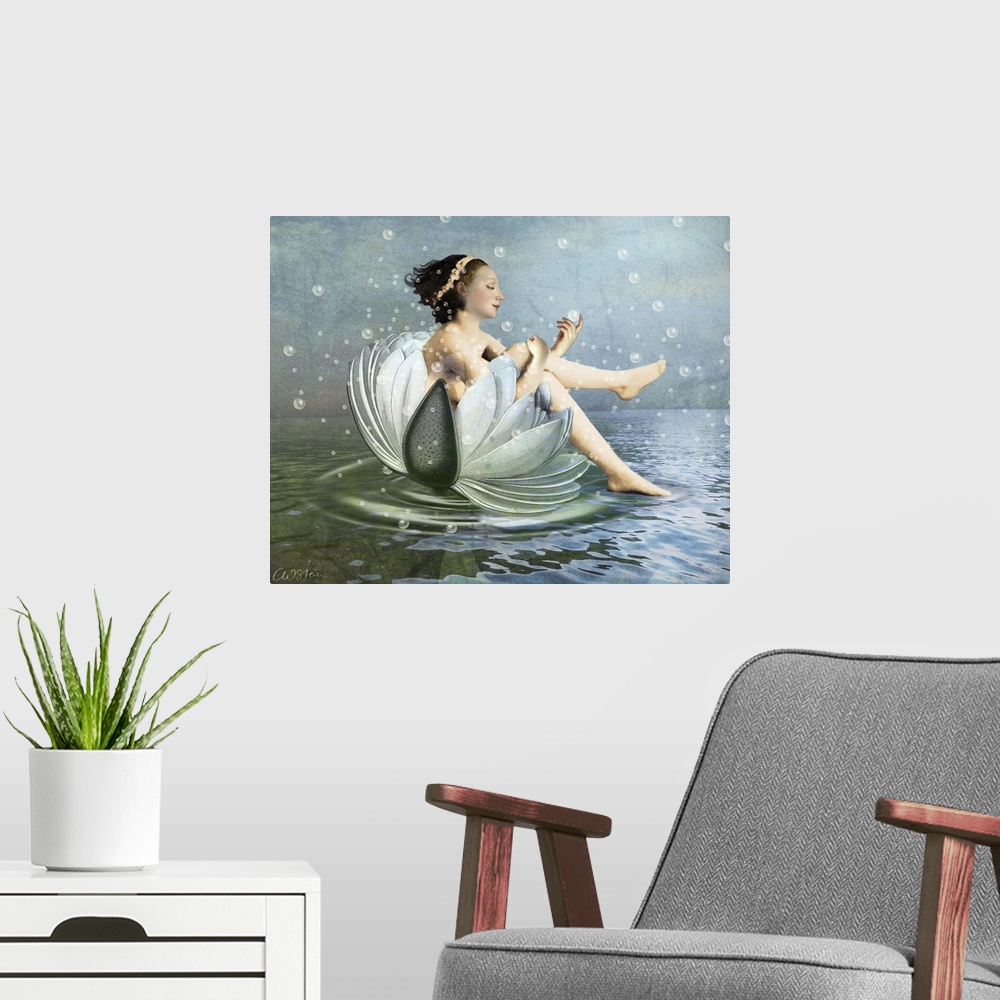 A modern room featuring A digital composite of a female bathing on a large flower with bubbles floating in the air.