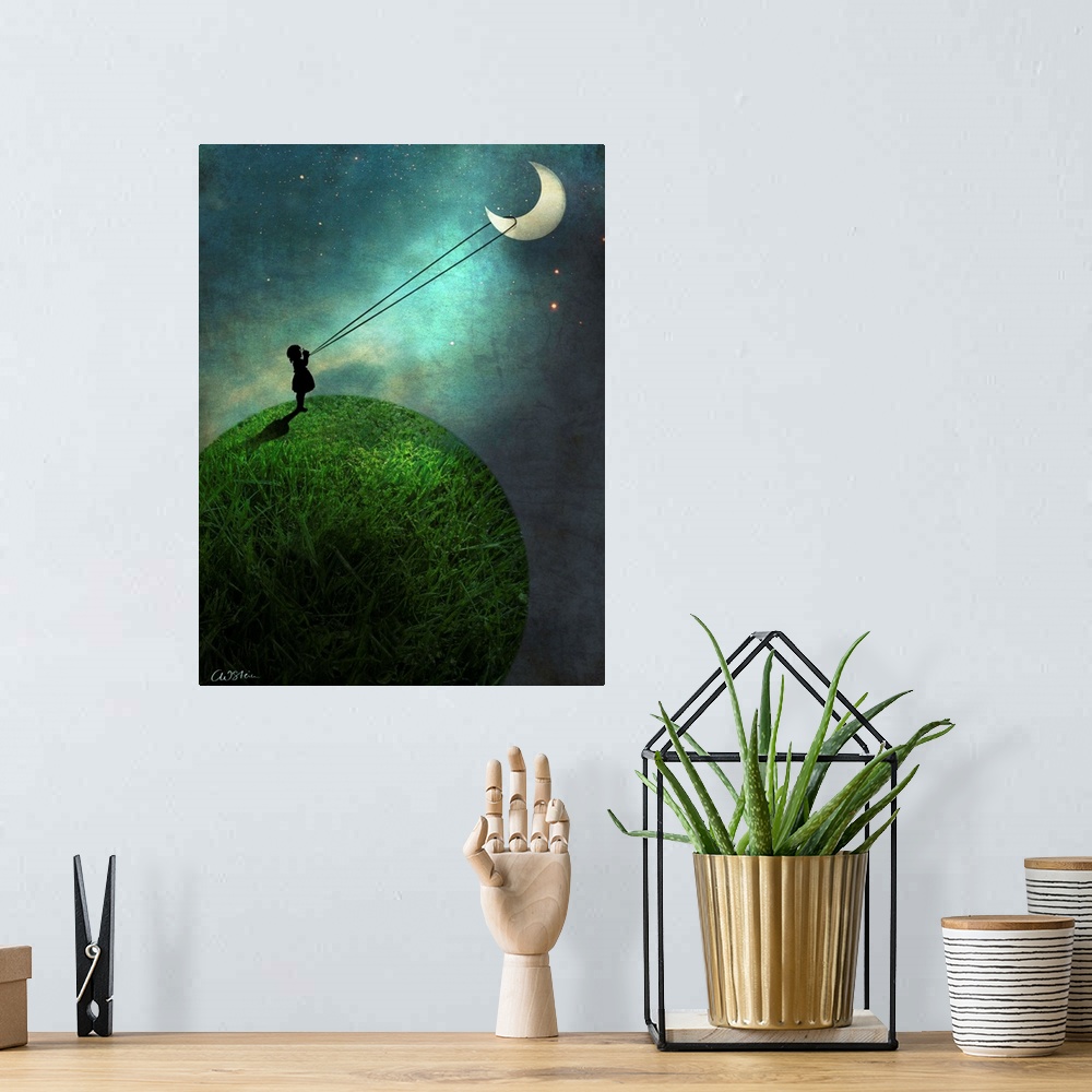 A bohemian room featuring A vertical digital composite of a small child roping the moon.